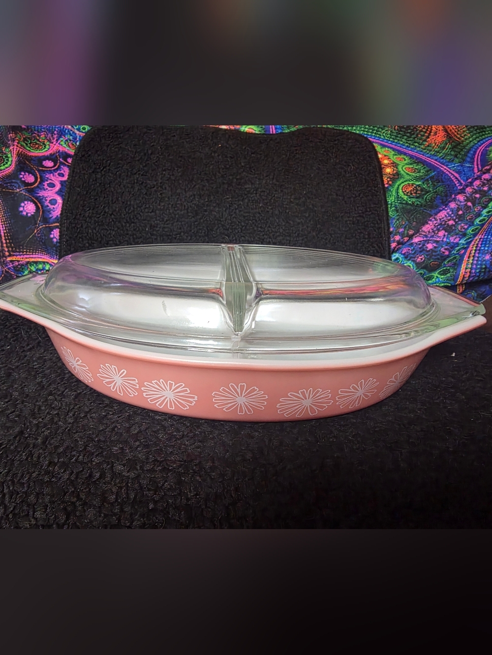 Pyrex Pink Daisy Divided Casserole with Clear Lid